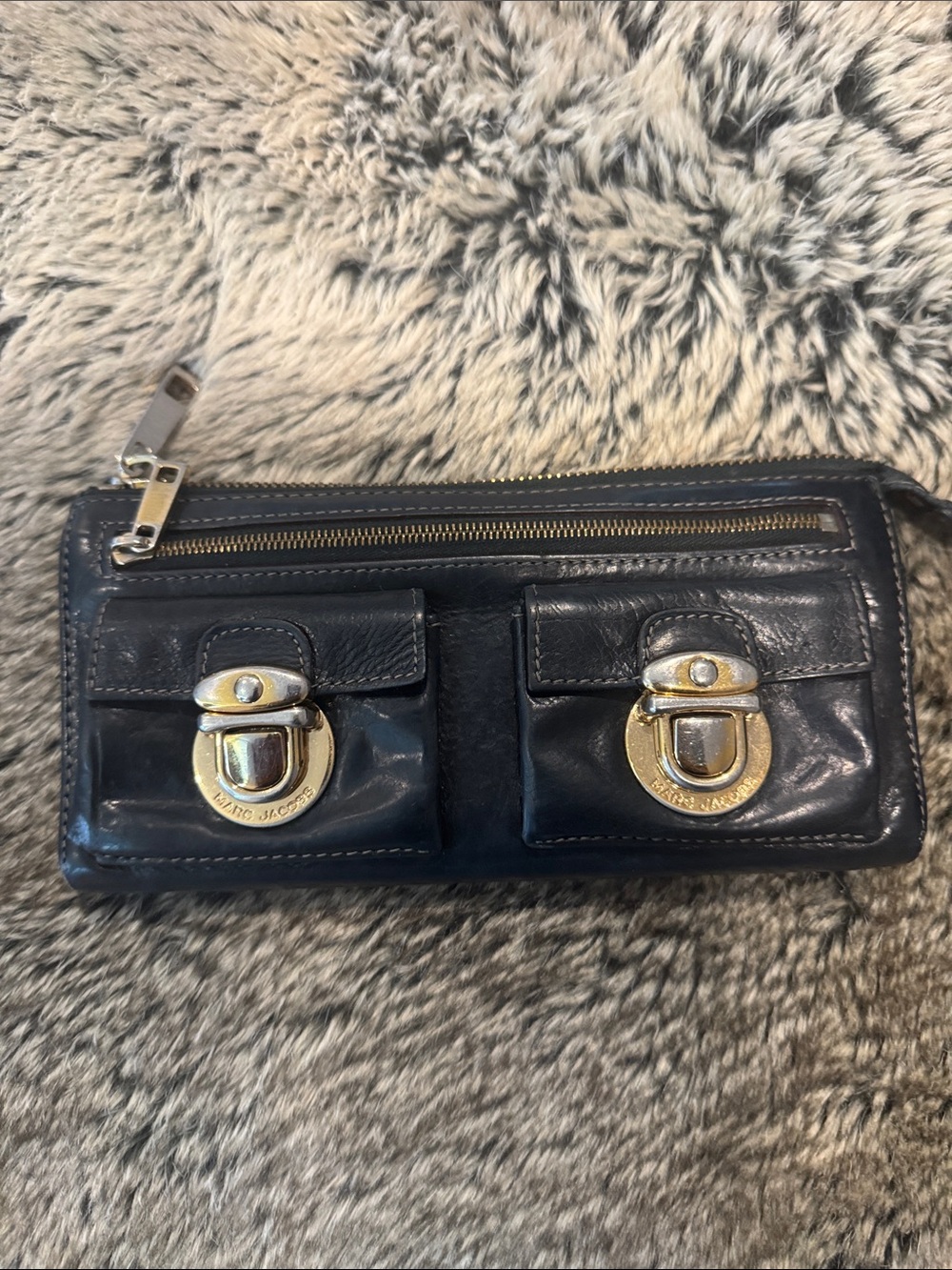 Marc Jacobs Black Leather Twin-Pocket Zip Wallet with Gold Hardware